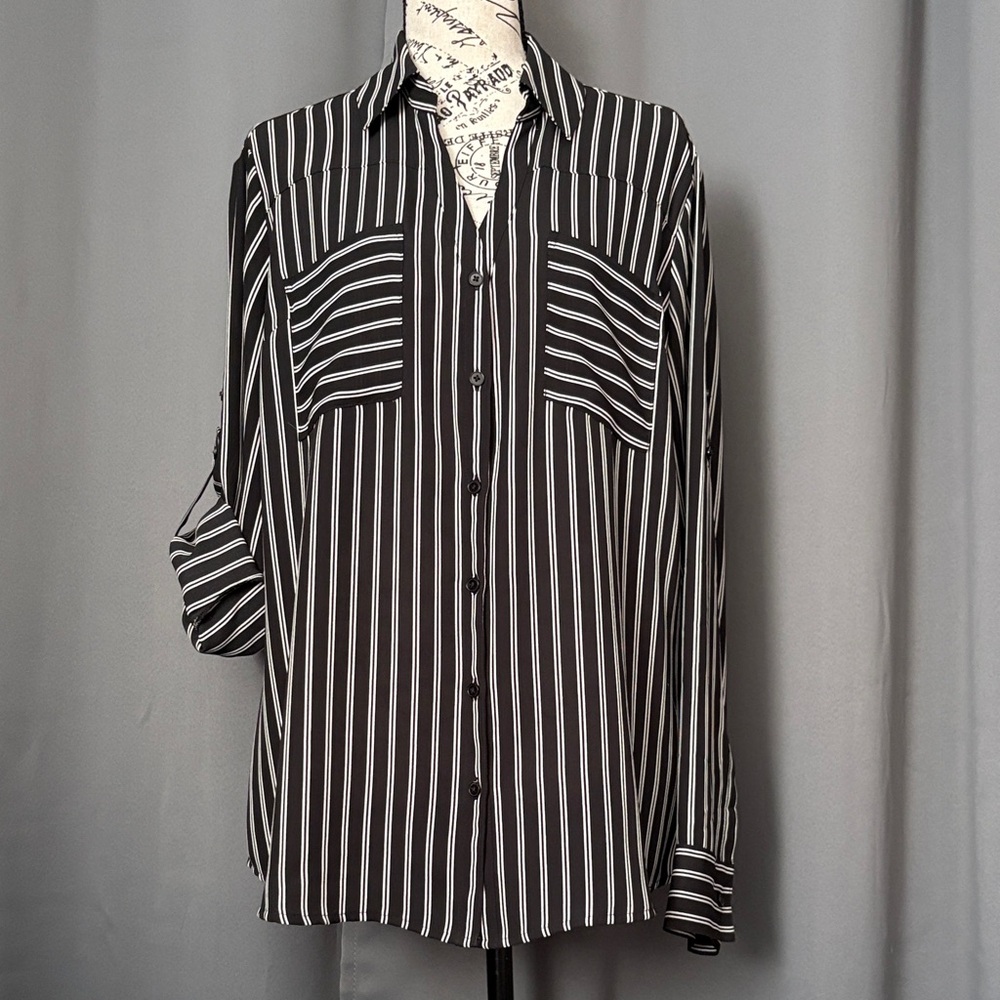 Express Black and White Striped Button-Front Blouse